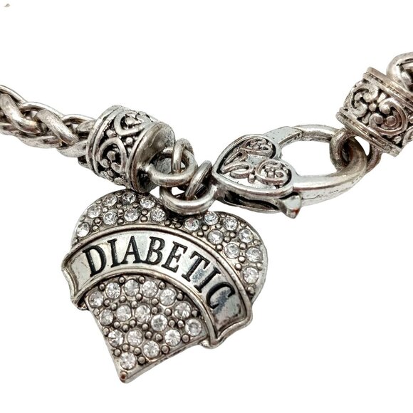 Sweet Heart Shape Diabetic Alert Bracelet Dangle Charm Pave Rhinestone Keepsake - Picture 2 of 6